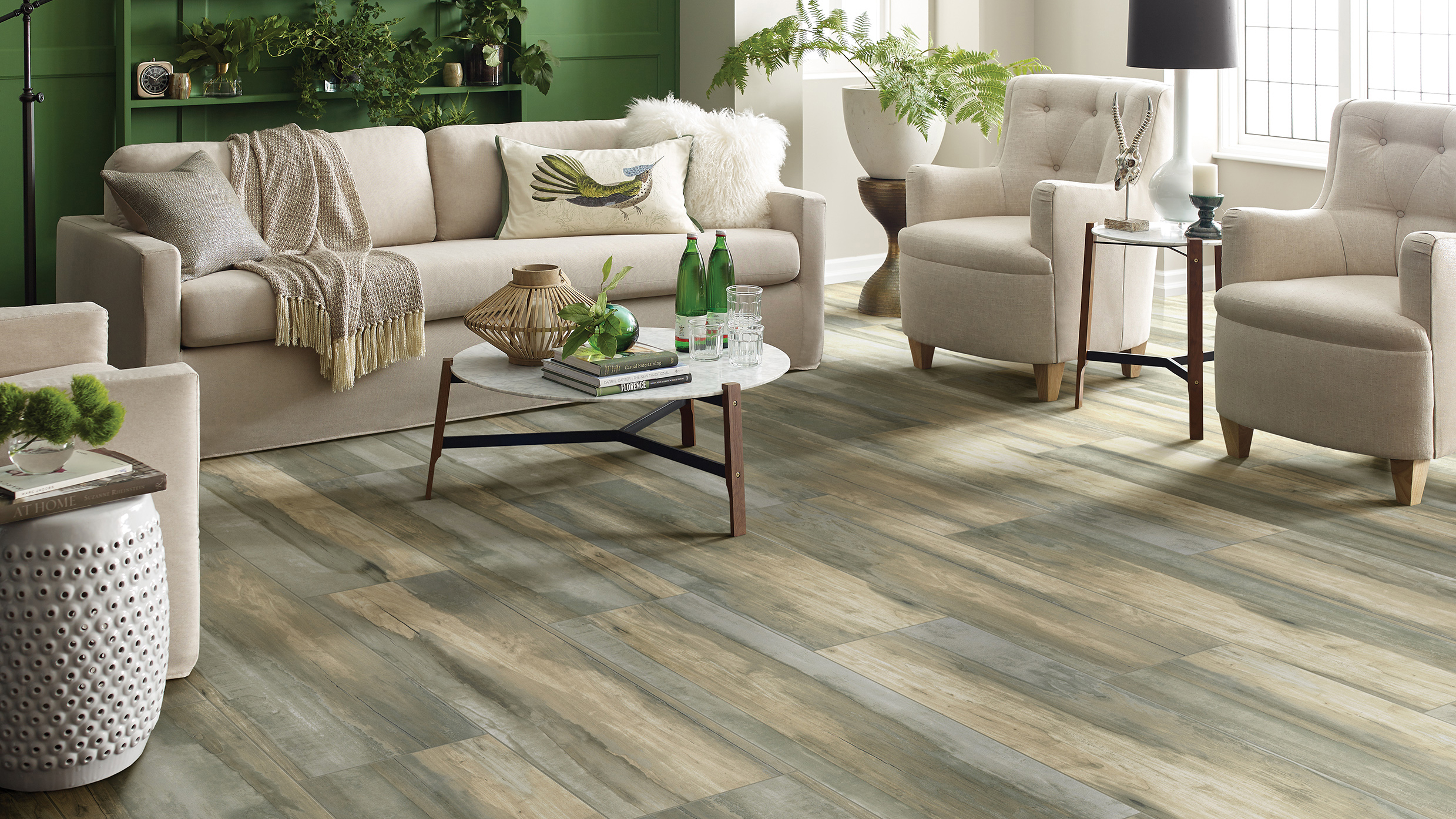 Tile floors in a living room